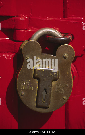 Padlock on garage door Stock Photo