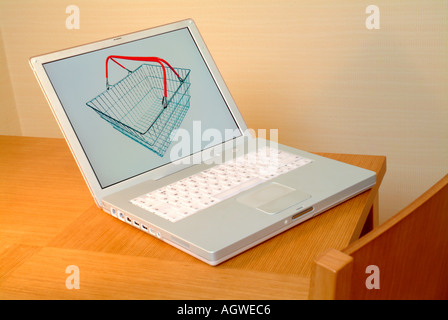 laptop computer on a wooden table Stock Photo