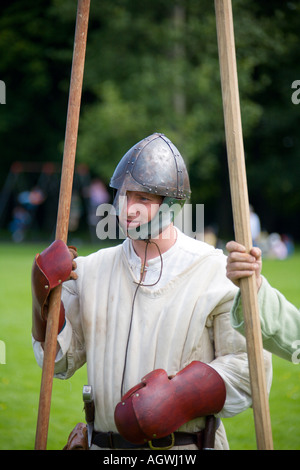 Medieval pikeman in helmet holding pike Stock Photo