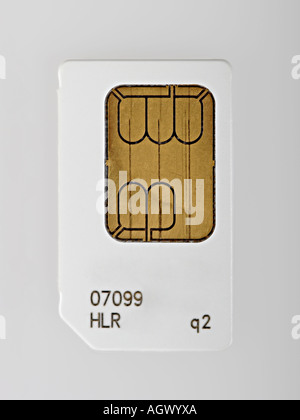 Used mobile phone SIM card on white background (numbers on card digitally altered, logo of carrier removed) Stock Photo