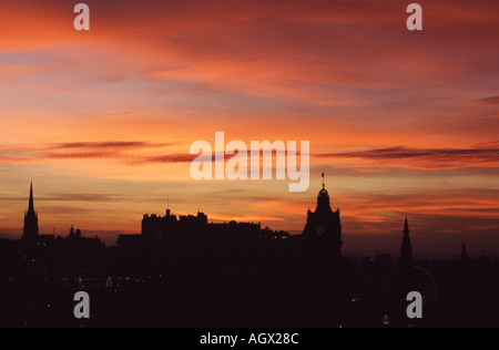 Sunset silhouette of the skyline near Edinburgh Castle from Calton Hill, Edinburgh, Scotland, UK. Stock Photo
