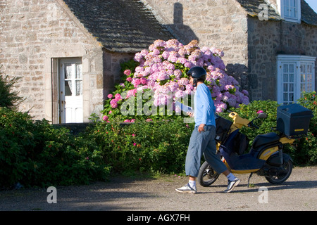 A french letter carrier delivering mail to a home in the commune of Barfleur in the region of Basse Normandie France Stock Photo