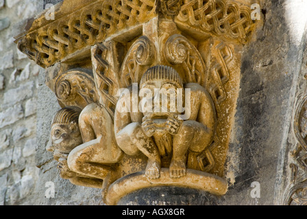 Romanesque capital, west door, Cathedral of Sainte Marie, Olorons, Béarn, France Stock Photo