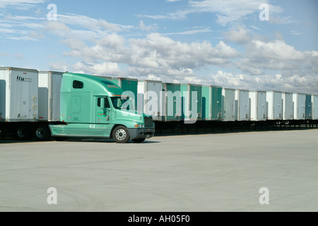 Truck With Many Trailers In Distribution Center Yard, Pennsylvania, USA