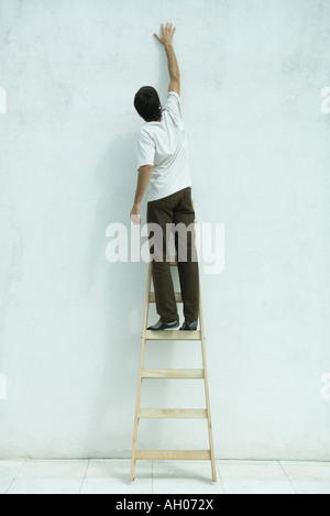 Man standing on ladder, arm raised, rear view Stock Photo