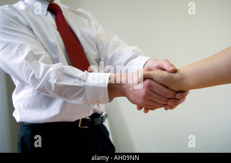 two handed hand shake by business man and woman Stock Photo