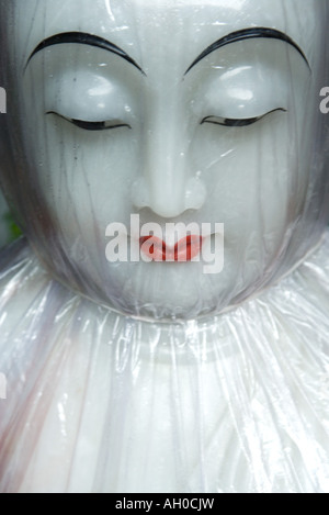 Close-up of buddha face under the tree in green garden, meditating
