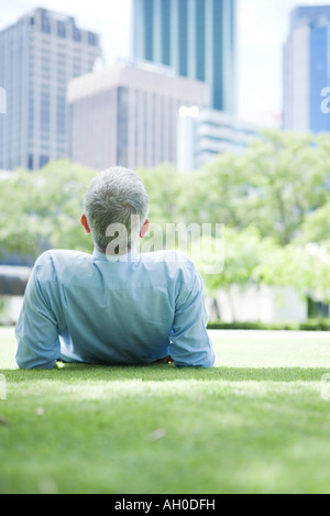 Businessman lying on grass, rear view Stock Photo