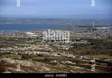 Aerial view of Holyhead town and harbour from Holyhead Mountain Stock Photo