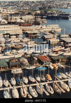 Marina with house boats on Lake Union, in Seattle, Washington with Gas Works Park in the distance. Stock Photo