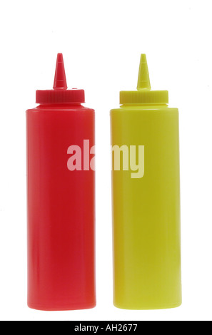 plastic ketchup and mustard bottles silhouetted on white background Stock Photo