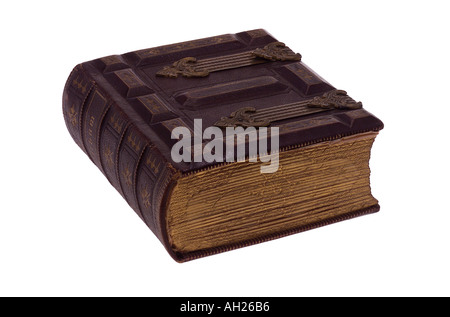 Old photo leather bound album silhouetted on white background nobody Stock Photo