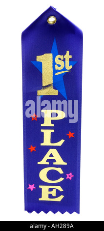 First place blue ribbon silhouetted on white background Stock Photo