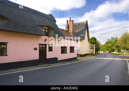 thatched roofed cottages in Wattisfield village street Suffolk UK Stock Photo