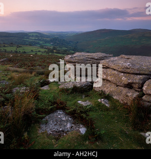 View across the Dart Valley from Combestone Tor, Dartmoor, Devon, UK, after sunset Stock Photo