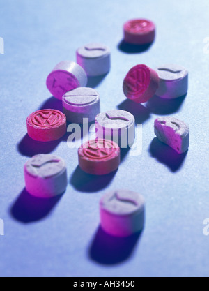 Ecstasy Selection of branded ecstasy 3 4 methylenedioxymetamphetamine pills Ecstasy is an illegal drug Stock Photo