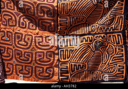 Colourful Molas hand made by Kuna women on The San Blas Islands Panama and worn by the women as traditional blouses Stock Photo