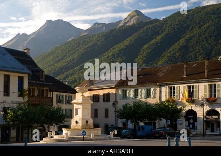 View of the town centre at Laruns in the Parc National des Pyrenees in south western France Stock Photo