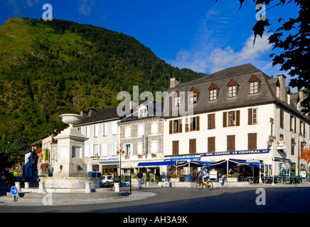 View of the town centre at Laruns in the Parc National des Pyrenees in south western France Stock Photo