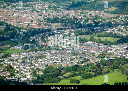 View over Abergavenny from the Blorenge mountain with Linda Vista gardens in foreground Wales UK Stock Photo