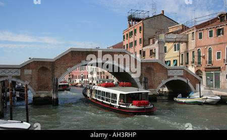 vaporetti and Ponte dei Tre Archi bridge of three arches over Cannaregio Canal, Venice Italy  September 2007 Stock Photo