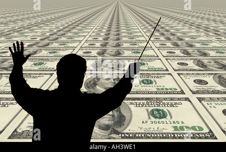 abstract silhouette of conductor leading a field of tiled 100 bills Stock Photo