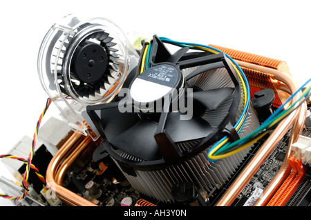 CPU cooler fan with radiator on a high-end computer motherboard Stock Photo
