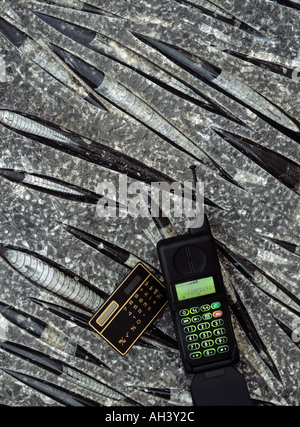 Calculator and cellular telephone on an Orthoceras mollusc fossil slab 350 to 500 millions years old Stock Photo