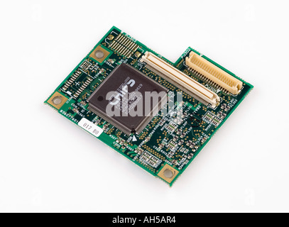 A laptop computer memory circuit board showing various electronic components Stock Photo