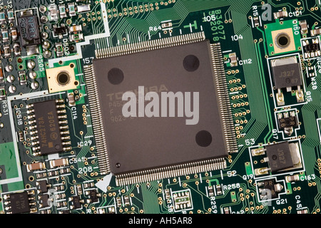 close up of circuit board showing various electronic components Stock Photo