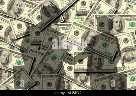 silhouette of two businessmen shaking hands with background of dollars Stock Photo