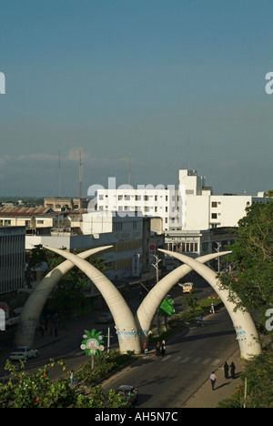 Giant elephant tusk monument on Moi Avenue in the city of Mombasa. Kenya, Eastern Africa Stock Photo