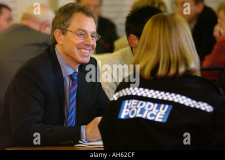 Tony Blair talking to female police officer at the launch of the Labour Party's Big Conversation in Newport South Wales UK Stock Photo