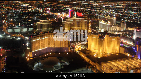 View from a helicopter of Aladdin's, The Bellagio, Ballys, Caesars Palace and Paris Hotel and Casinos on the Strip in Las Vegas Stock Photo