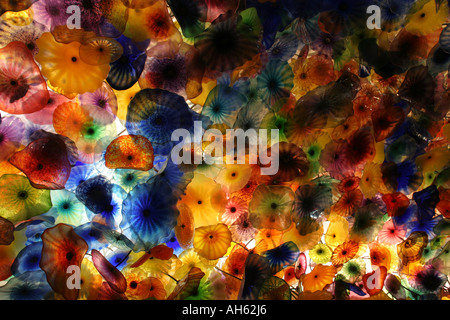 Detail of the Chihuly chandallier on the ceiling in the lobby of The Bellagio Hotel and Casino in Las Vegas Stock Photo