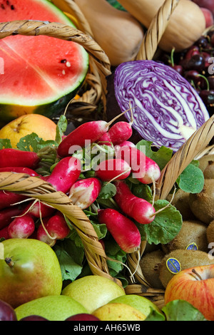 fruits and vegetables coming from cultivation of ecological agriculture pear apple kiwi radish col watermelon pumpkin cherry Stock Photo