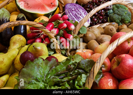 fruits and vegetables coming from cultivation of ecological agriculture pear apple kiwi radish col watermelon plum eggplant lett Stock Photo