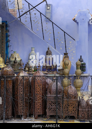 Streetside traditional lantern shop Chefchaouen Morocco North Africa Stock Photo