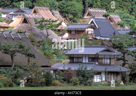 Thatched roof mountain village houses clustered together in the remote Miyama, Kyoto Stock Photo