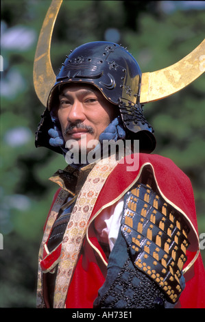 A samurai warrior with frightening horns on his helmet partaking in Kyoto's Jidai Matsuri Festival of Ages Stock Photo