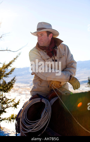 Mature man sitting on a horse and thinking Stock Photo