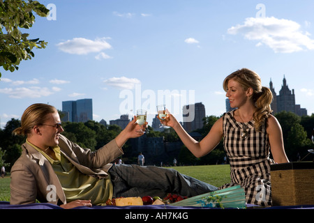 Young couple toasting with wineglasses in a park, Central Park, Manhattan, New York City, New York, USA Stock Photo