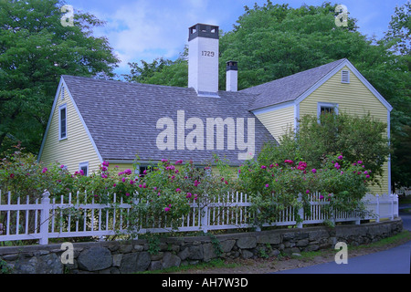 Roses hang over a picket fence at an antique New England house Stock Photo