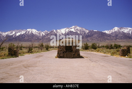 California Manzanar WWII Japanese American internment camp remains of front gate Sierra Nevada Mountains in background Stock Photo