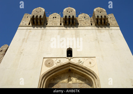 Bala Hisar gate showing Hindu motifs like Yalis and peacock Golconda fort Hyderabad Andhra Pradesh India Stock Photo