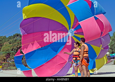 Couple Waiting For A  Para Glide In Albena In Bulgaria Stock Photo