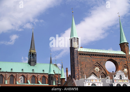 Luebeck roof St Marien and Detail town hall Stock Photo
