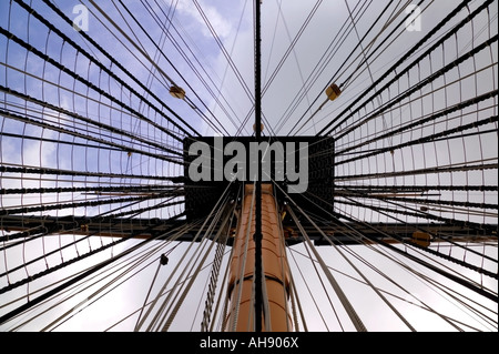 View up the mast into the rigging of an old tall ship Stock Photo