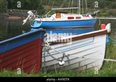 small boats moored on Lough Corrib, County Galway, Ireland Stock Photo