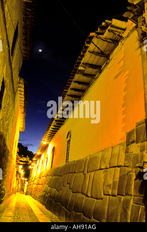 Incan stones on the street of Hatunrumiyoc named for a 12 sided stone in the colonial city of Cusco Peru Stock Photo